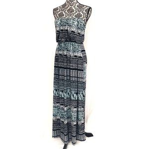 Strapless Blouson Top Jersey Print Maxi Dress Pool Resort S